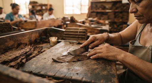 Artisan hands trimming tobacco wrapper leaf with chaveta blade in Danlí for Puros International